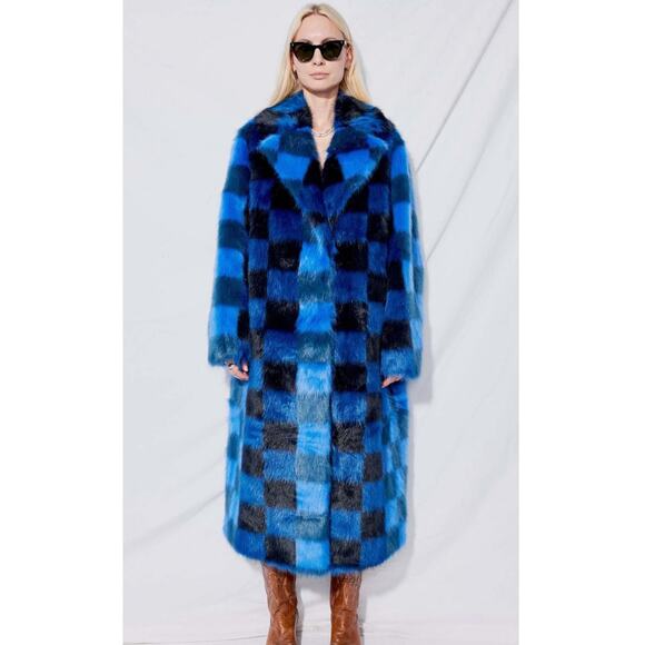 STAND STUDIO Women's Mio Blue Black Checkered Faux Fur Trench Coat Size XS - Picture 1 of 7